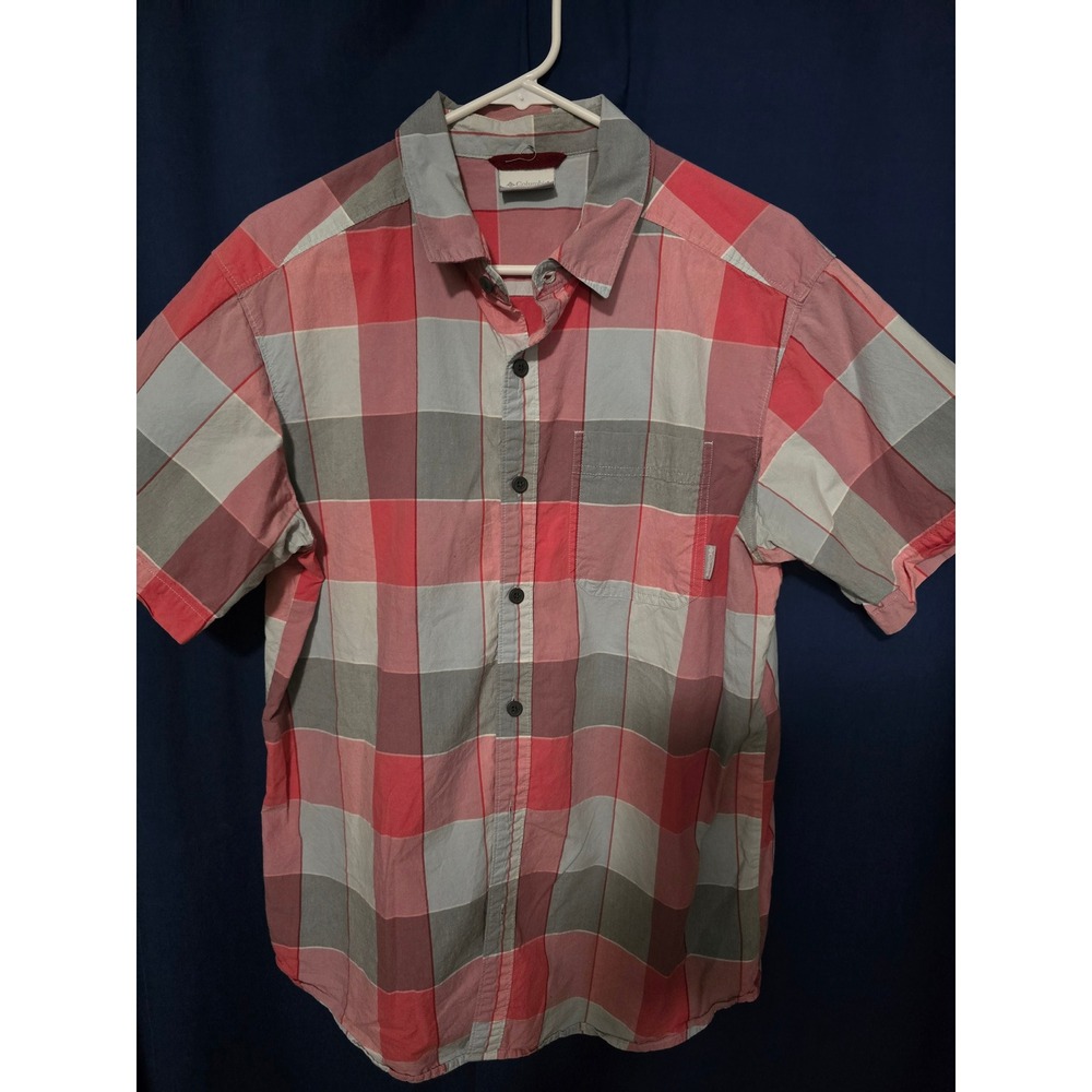 Columbia Mens Medium Short Sleeve Plaid Button Down Shirt Red Grey Outdoor